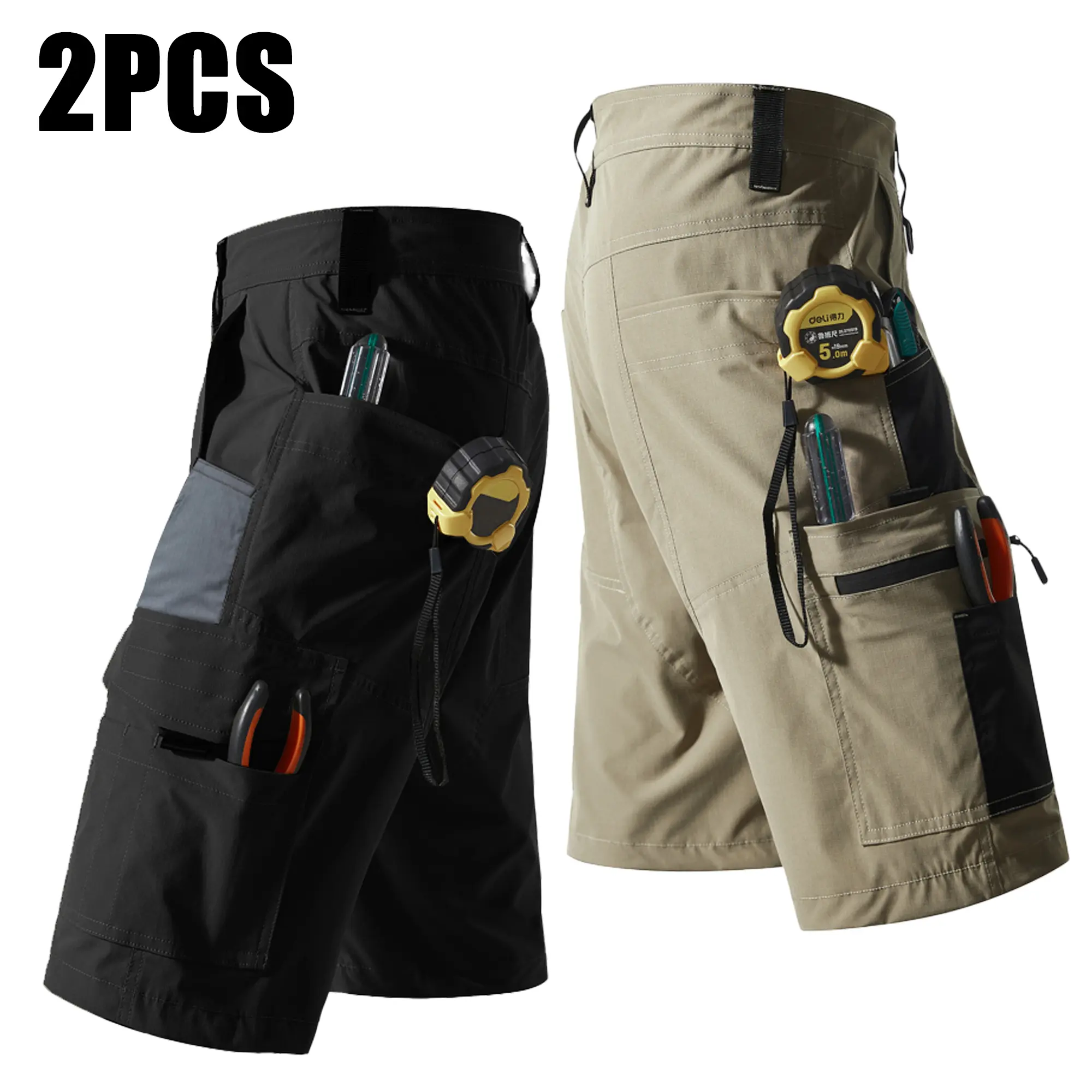 Men’s Outdoor Multi-Function Cargo Shorts, Pack of 2 — Multi-Tool Pocket Design for Electricians/Repair Work, Loose Fit, Durable, Quick-Dry, Knee-Length Work Shorts