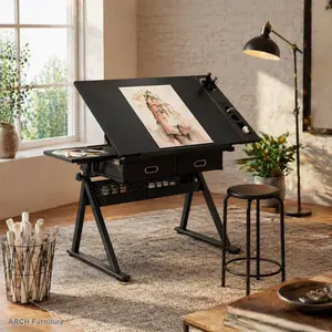 ARCH Adjustable Height Desk - 2-Drawer Ergonomic Flexible Multi-Drawer Drafting Table Set with Stool, Storage & Drafting Board for Home Office Art Studio, Black Workstation for Artists, Drawers Drafting Tables