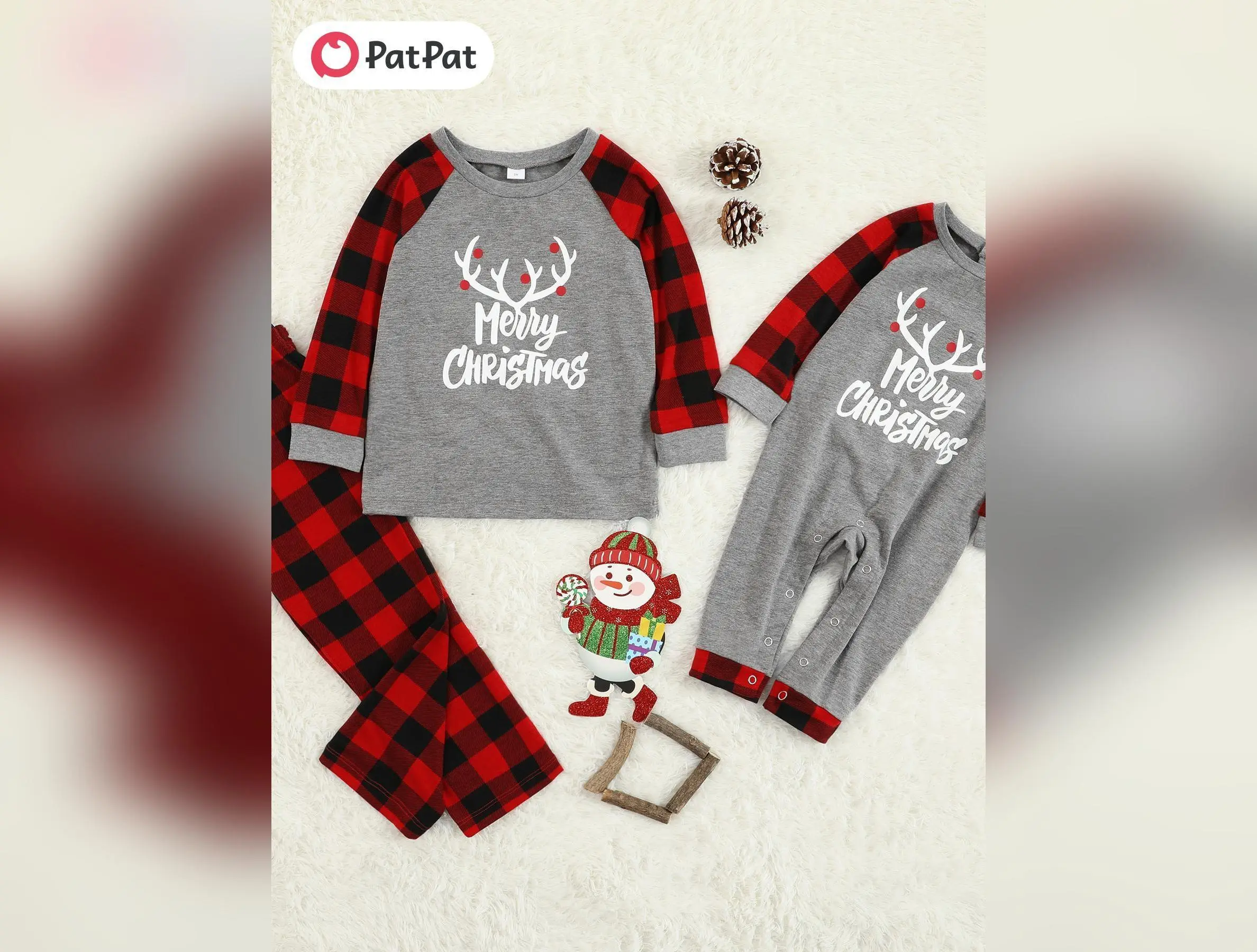 PatPat Merry Christmas Antler Letter Plaid Family Matching Sets, Polyester Knit Fabric with Slight Stretch, Fall/Winter Regular Fit Classic Style, 100% Polyester Tops and Bottoms for Age 12 and Under, for Outdoor