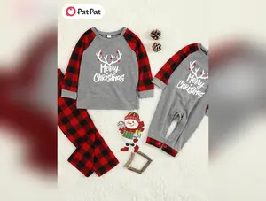 PatPat Merry Christmas Antler Letter Plaid Family Matching Sets, Polyester Knit Fabric with Slight Stretch, Fall/Winter Regular Fit Classic Style, 100% Polyester Tops and Bottoms for Age 12 and Under, for Outdoor