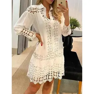 Spring Summer New Long Sleeve Women's Solid Color Lace Patchwork Fashion Hollow Out Shirt Elegant Feminine Dress