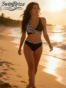 Briza｜Stretchy Deep V Two-Piece Swimsuit For Women In Black Zebra Print, A Bikini For Vacation Swimwear For Women Seeking High Waisted Bikini Sets, A Bathing Suit Women Set With Bikini Sets Support And Swimsuits 2 Piece Beach Confidence