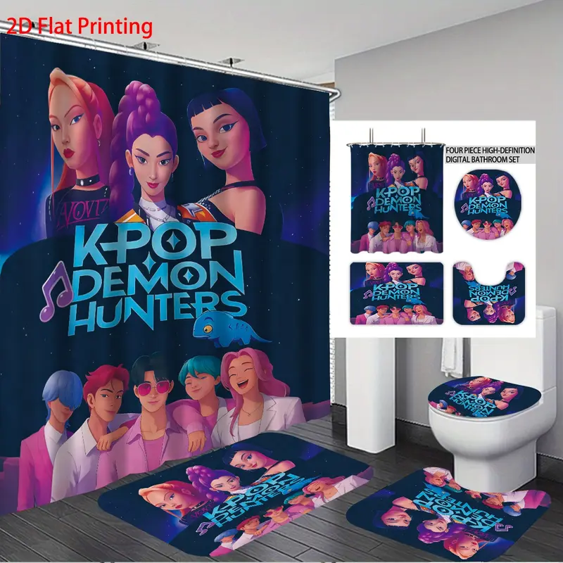 K-POP Demon Hunters Bathroom Set, Waterproof Shower Curtain with Hooks, Non-Slip Bath Rug, U-Shaped Toilet Mat, Toilet Lid Cover, Bathroom Decoration Accessories