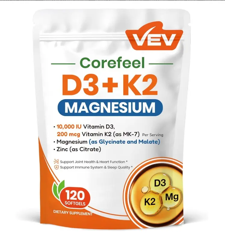 VEV Corefeel Vitamin D3 K2 Magnesium Supplement, 10,000 IU Vitamin D3, 200 mcg MK-7, Magnesium Glycinate & Malate with Zinc Citrate, 120 Coconut Oil Softgels