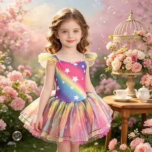 Girls Rainbow Star Ballet Tutu Dress - Sparkly Tulle Princess Dance Costume for Toddlers & Kids