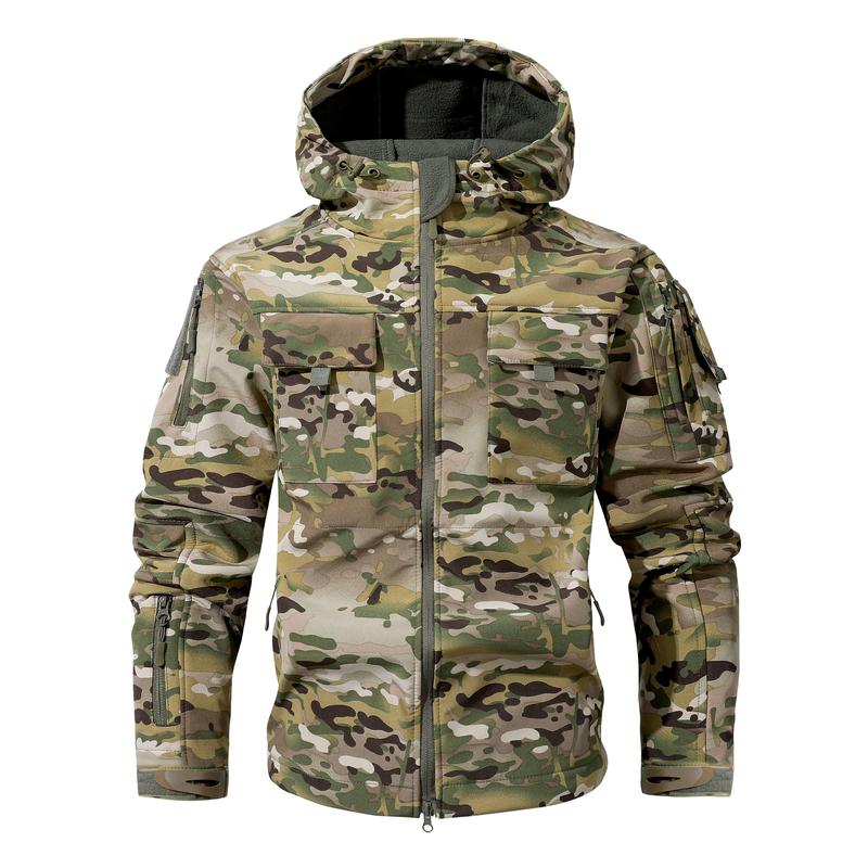 Men's Multi-Pocket Workwear Hooded Jacket, Fleece Waterproof Jacket, 9 Cl Menswear ose-Fitting Pockets Fleece Design. Menswear Coats Coats Tops Long Sleeve Operator Motocross Camo Camouflage Casual Navy Outdoorfun