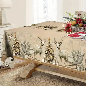 Christmas Rectangular Tablecloth, Tree Deer Table Cover, Holiday Party Decor, New Year Eve Dinner Decoration, Best Christmas Gift