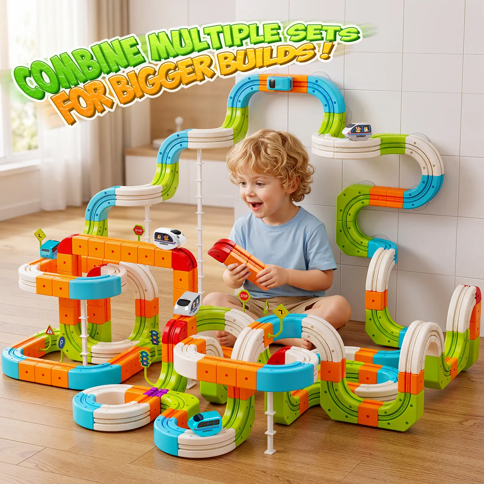 59/93PCS 3D Train Track Set with 2 Cars, Magnetic Train Toy with Lights, Building train set toys,Modular Track Blocks,Train Set Gift for Boys Girls Ages 3-8+