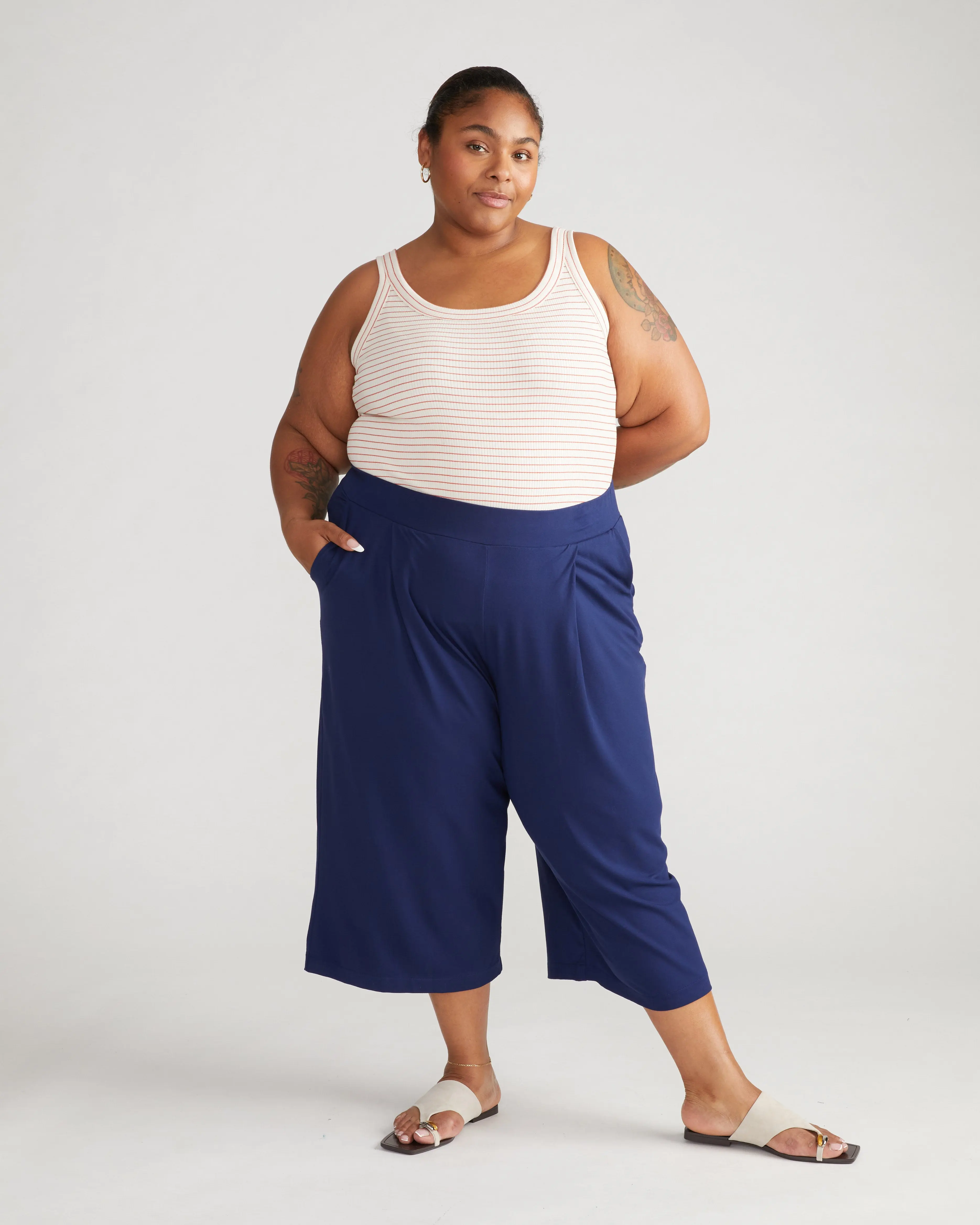 Women's Casual Viscose-Elastane Lotti Jersey Culottes Pants - Soft, Drapey, Cropped, Front Pleats, Flowing Legs, Breezy, Cenote, Machine Washable