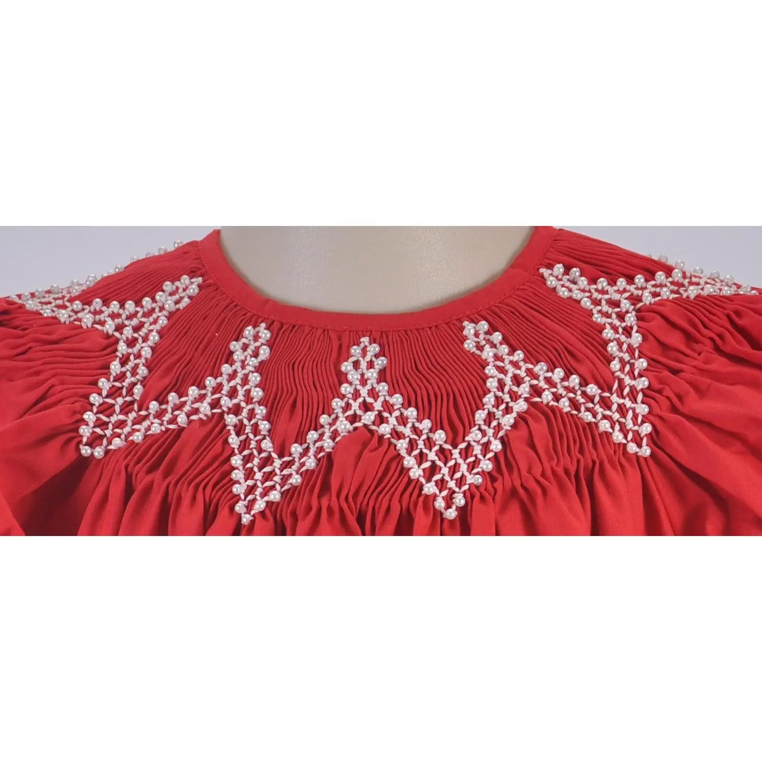 Red Geometrric Smocked with Pearls Short Sleeve Bishop Dress