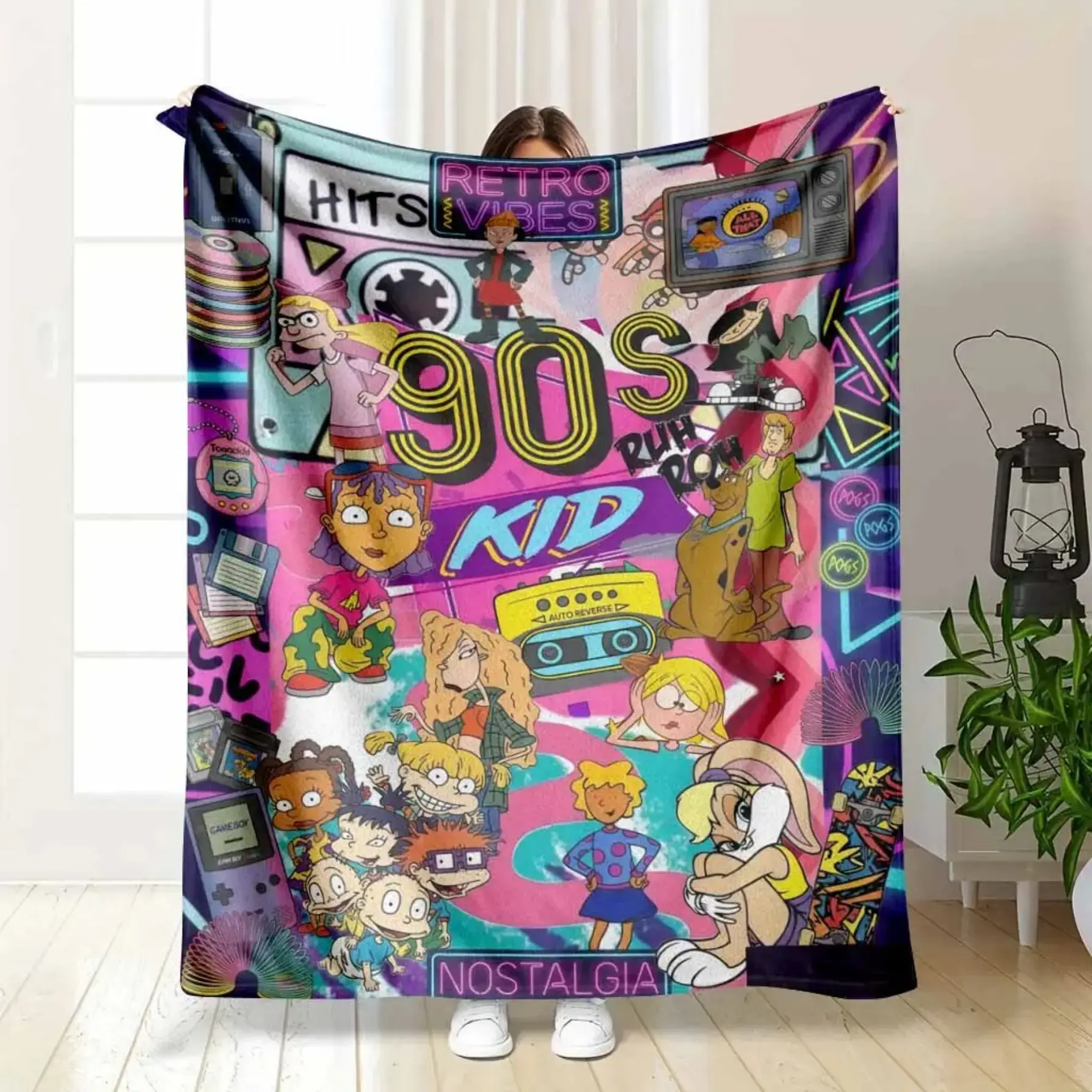 90s Nostalgia Cartoon Pattern Flannel Blanket Retro Vibes Kidcore Aesthetic Soft Plush Fleece Throw Y2K Room Bedding Sofa Couch Knee Cover Office Nap Movie Night Holiday Gift for Friends