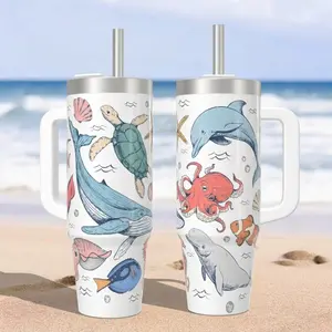 Ocean Animals Tumbler 20oz 40oz, Sea Life Cup with Dolphin Turtle Whale, Beach Summer Gift, Cute Marine Drinkware with Straw