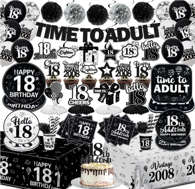 18th Birthday Decorations for Boys Girls Time To Adult 18 Years Old Banner Black White 18th Birthday Plates Napkins Tablecloth Straight Outta 2008 Cake Topper for 18th Birthday Party Supplies