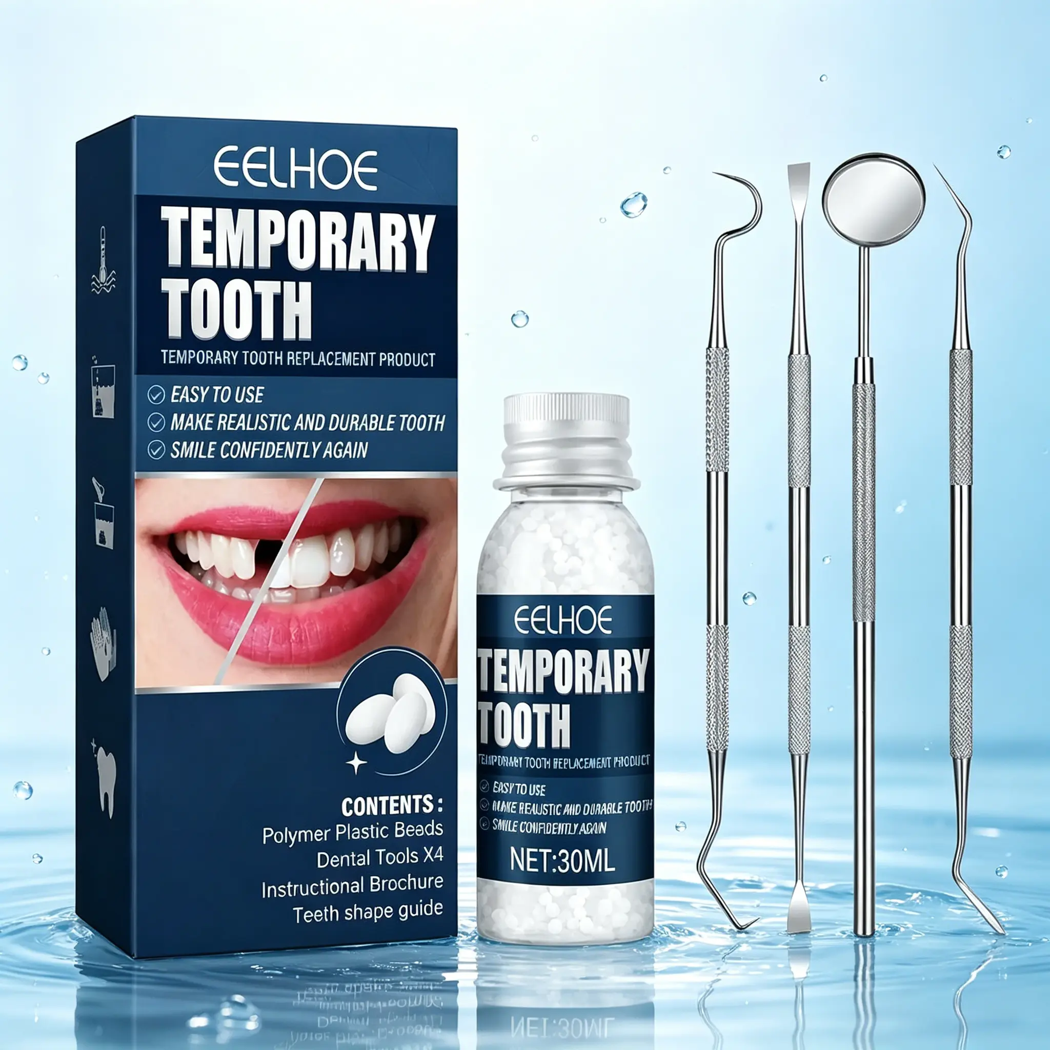 DIY Temporary Tooth Cover Kit with 30ml Moldable Polymer Beads - Cosmetic Oral Fix, 4 Dental Tools, Instructional Brochure, Clean Application, Youth-Focused, For Events, Confident Smile Enhancement, Plastic