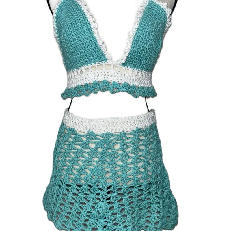 CraftLove Ariel Set Crocheted Skirt and Top, Lightweight Design, Sleeveless, Beach or Festival Ready to Wear, Women's Comfortable Womenswear Clothes Stretchy Cotton Fitted cute outfits