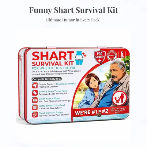 Shart Survival Gag Kit - Quirky, Whimsical, Unique Cool Gag & Stocking Stuffers Gift for Unisex Festive Parties, Default Festive Party Supply, Includes Wet Wipes, Disposable Underwear, Tissues, Comedy Badge, Novelty Potty Pack, Quirky Gifts
