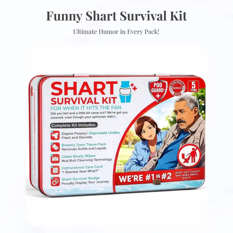 Shart Survival Gag Kit - Quirky, Whimsical, Unique Cool Gag & Stocking Stuffers Gift for Unisex Festive Parties, Default Festive Party Supply, Includes Wet Wipes, Disposable Underwear, Tissues, Comedy Badge, Novelty Potty Pack, Quirky Gifts
