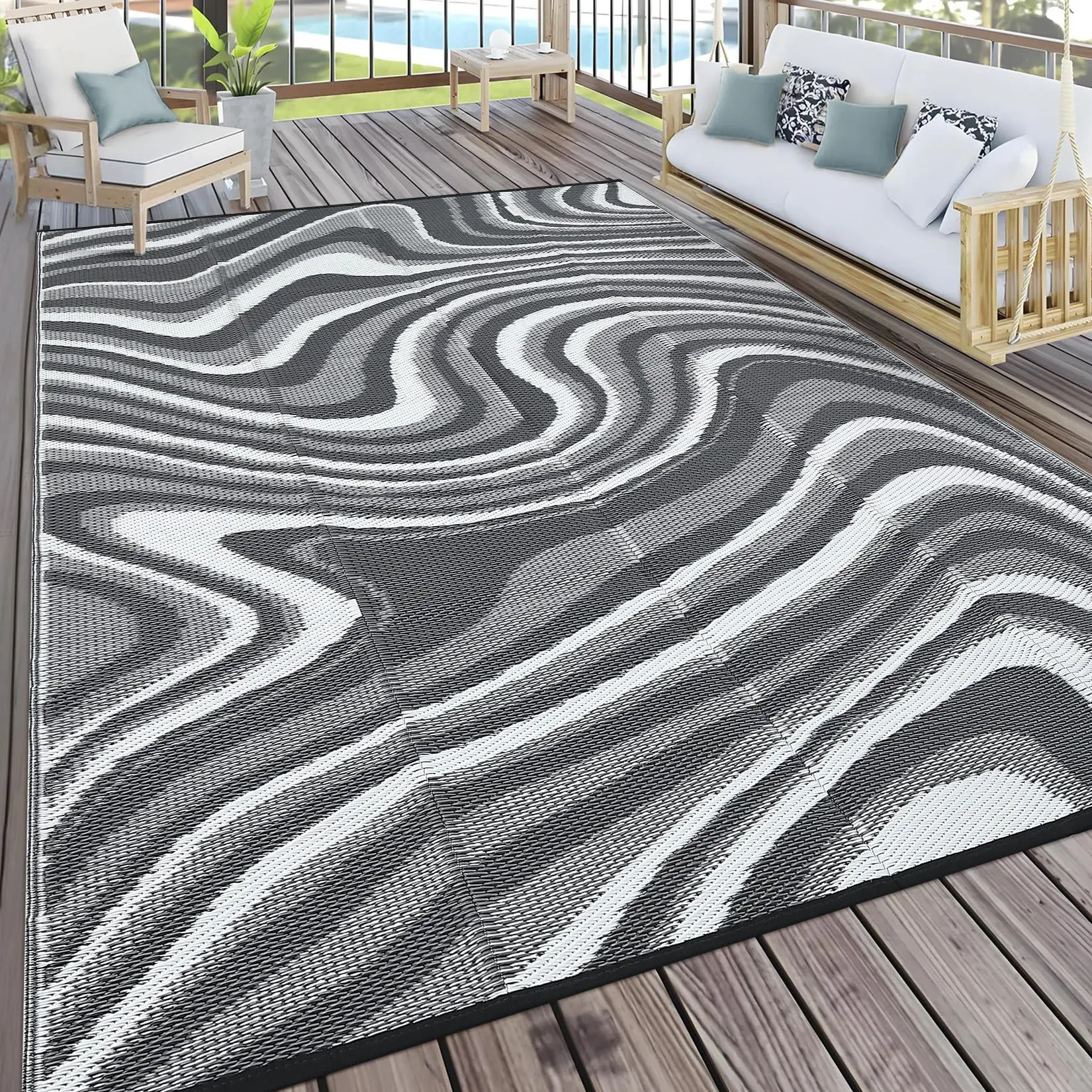10x14 Camping Rugs for Outside Your RV, Neutral Patio Rugs Outdoor Waterproof Plastic Straw Rug, Reversible UV Resistant Abstract Striped Area Rug for Backyard, Deck, Picnic, Black Grey