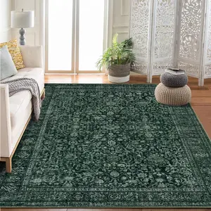 GARVEE Large Washable Area Rug for Living Room, Bedroom, Dining Room, and Kids Room - Vintage Floral Boho Design, Non-Slip, Low Pile Carpet in Dark Green, 8x10 Ft