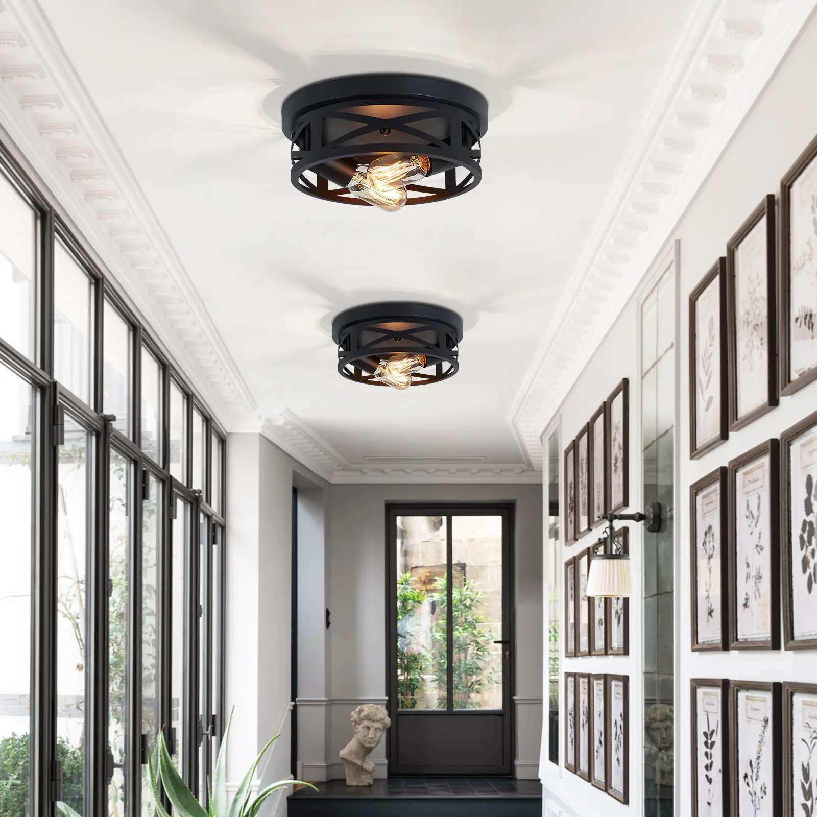 2 Pack 2-Light Matte Black Industrial Flush Mount Ceiling Light, Hollow Crisscross Metal Cage Close to Ceiling Light Fixtures, Farmhouse Round Ceiling Lamp for Hallway Kitchen Entryway(No light bulb)