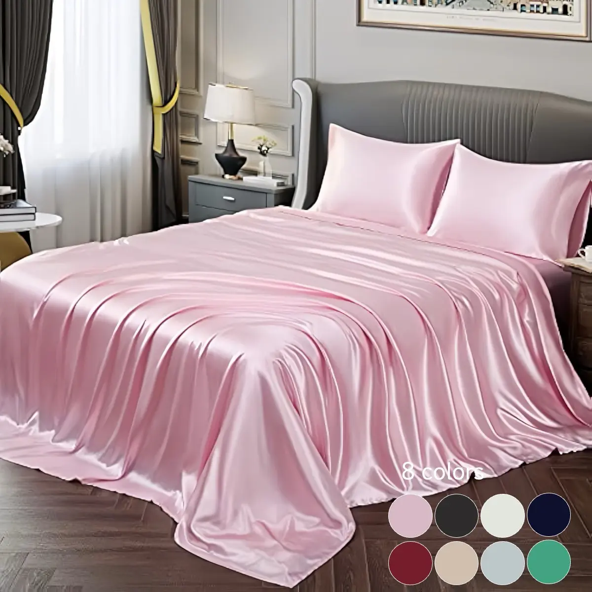 4pcs Satin Bed Sheet Set, Includes Fitted Sheet, Flat Sheet and Pillowcases, Soft Comfy Skin-Friendly Bedding, Cooling Bedding Sets Silky Bed Sheets, Soft Breathable Sheet for Bedroom, Guest Room and Dorm, Bedding Supplies
