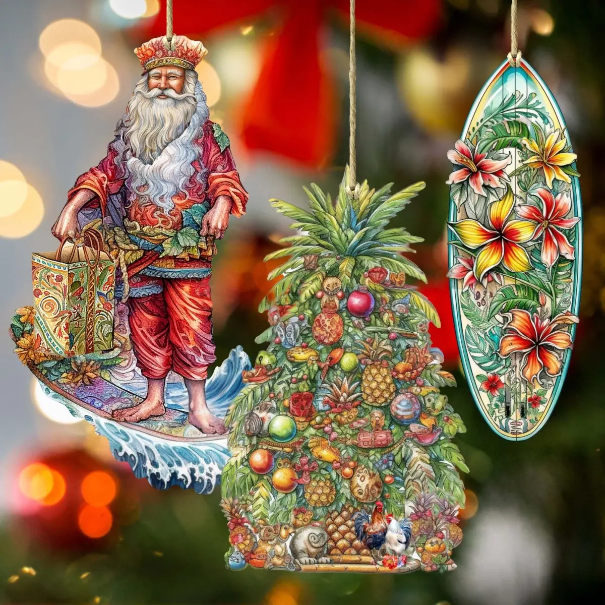 Designocracy 8091313S3 4.5 x 3 in. Santa Aroubf the World Hawaiian Inspired Santa Wooden Ornaments, Set of 3