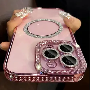 Luxury Sparkling Diamond Magnetic Phone Case for iPhone 17/16/15 Pro, Transparent High-End Feel, Anti-Drop Protection & Full Lens Cover