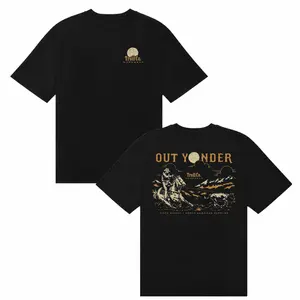 Out Yonder Cowboy Graphic Troll Co Black T-Shirt Western Horse Rider Design Men Casual Top Vintage Country Style Fashion Outfit Streetwear Cotton Short Sleeve Clothing