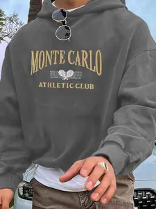 Fall outfits,Men's Fall Fitted Hooded Sweatshirt with Monte Carlo Athletic Club Graphic Print, Sporty, Casual American Style, Comfortable & Stylish for Daily Wear