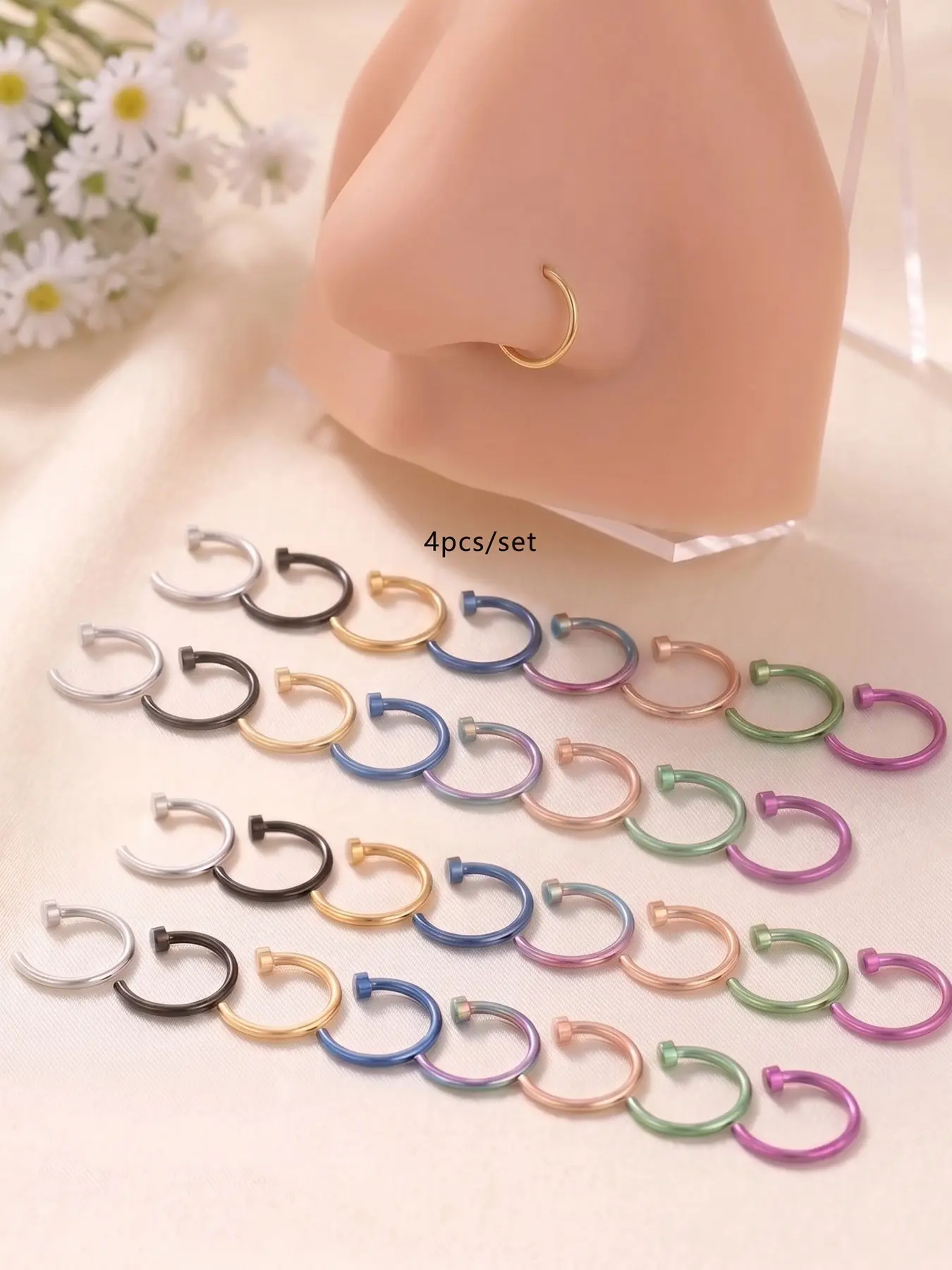 Hypoallergenic Stainless Steel Nose Ring, C-Shaped 20g/18g, Adjustable Hoop Nose Rings Hoops for Lip, Septum, Nose, Rook, Daily Wear Jewelry Body Jewelry for Men and Women Nose Rings Set