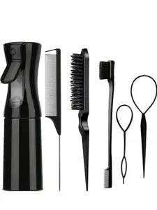 6 Piece Hair Styling Brush Set with Spray Bottle, Detangling Comb, Sectioning Comb, Tail Comb, Braiding Tools for Men and Women, Hair Grooming Kit