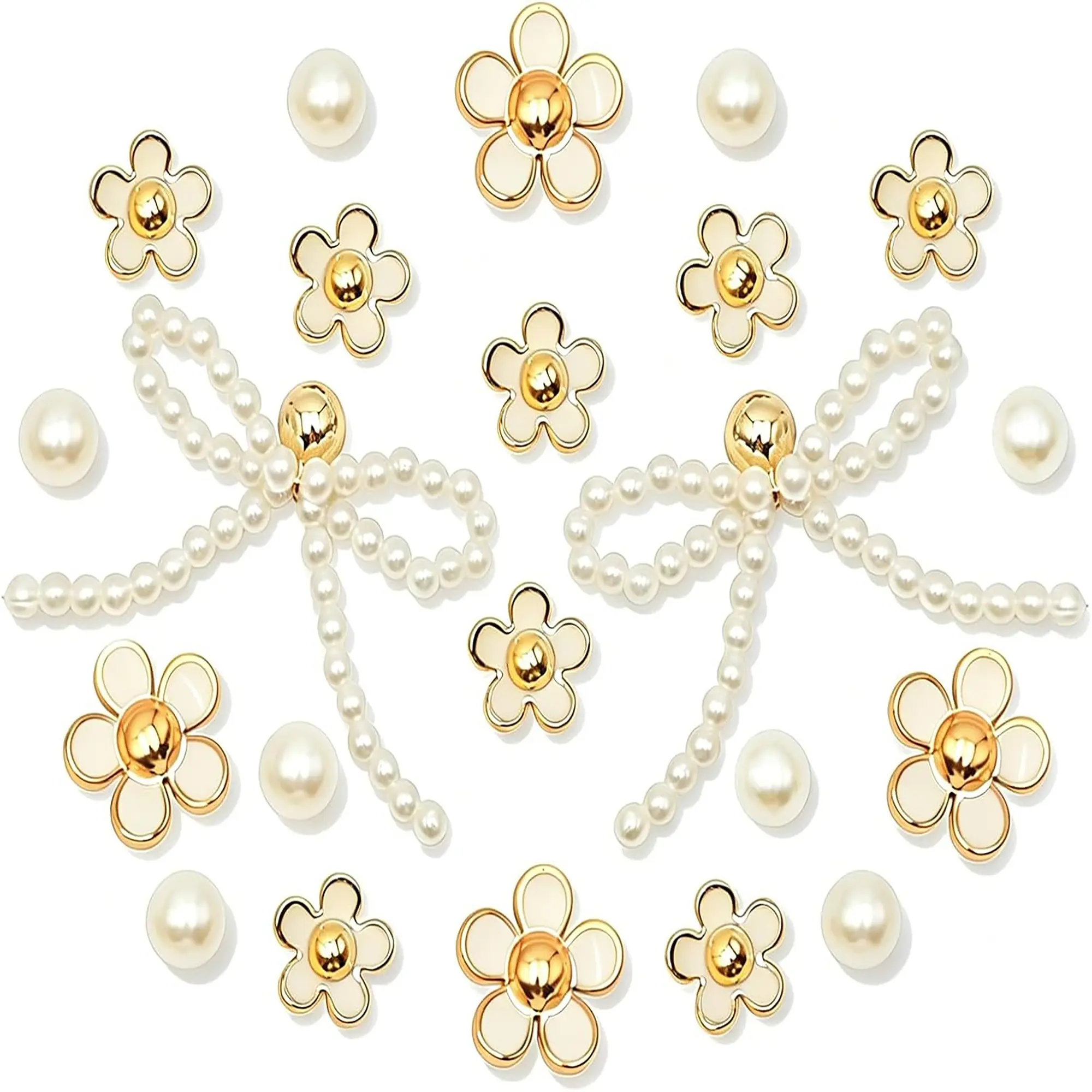22Pcs Bling Pearl Bowknot Shoe Charms, Acrylic Flowers Pearl Clog Decoration Pins, DIY Sandals Shoes Accessories Kit for Women Girls