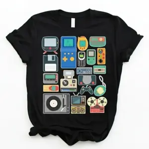 Retro Tech and Gaming Console Graphic Tee Vintage Style Classic Gadget Print T Shirt Perfect for Nostalgic 80s and 90s Tech Enthusiasts Men and Women Unique Gift