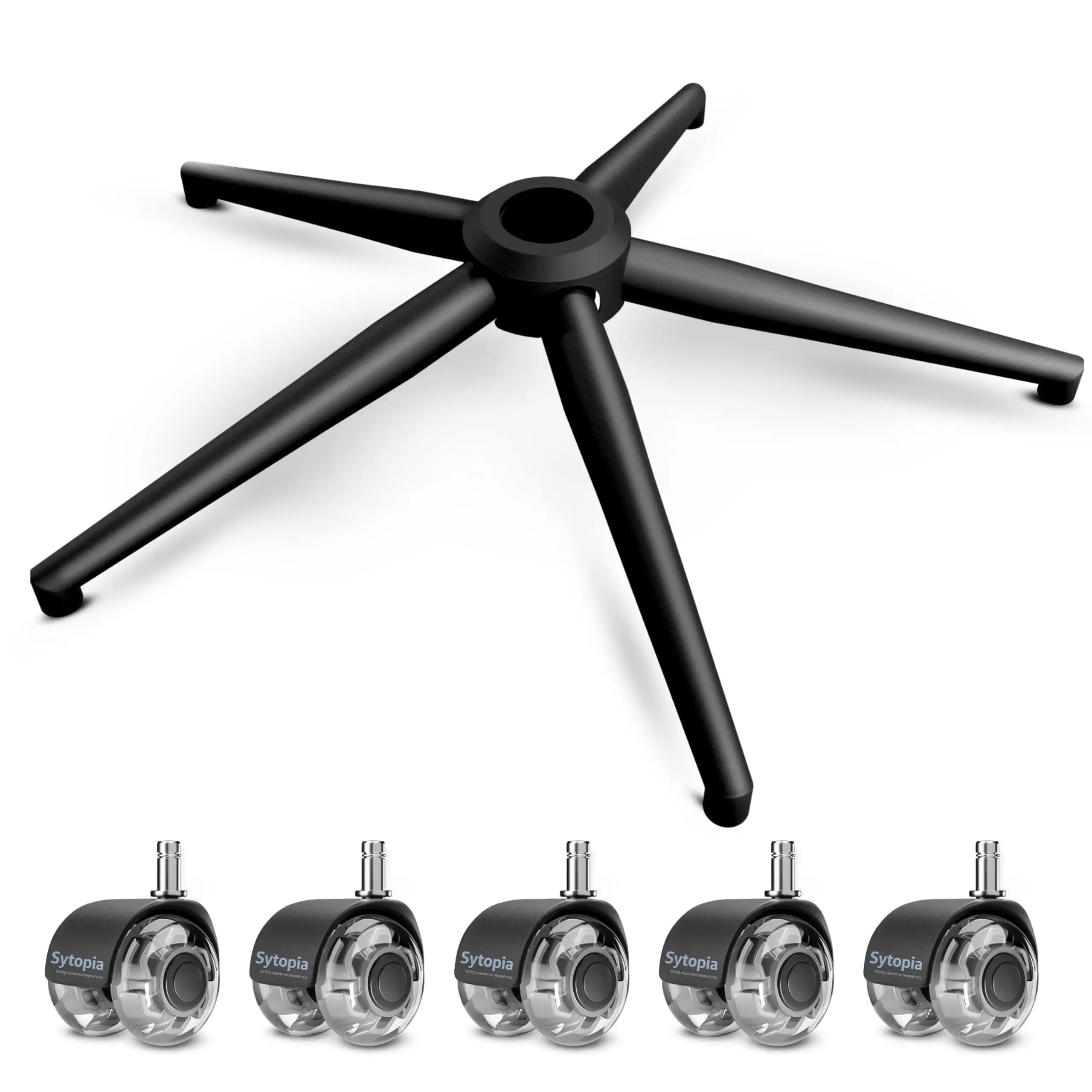 24" Criss Cross Office Chair Base + 5 Rubber Casters Replacement Set, Heavy-Duty, Fits Standard Gas-Lift Socket — Gas Cylinder Not Included