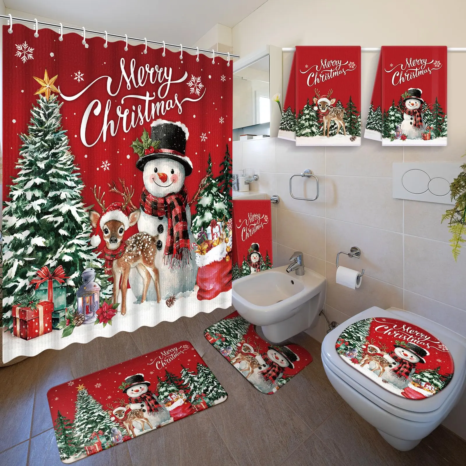 Christmas Bathroom Decor Santa Clause Bathroom Makeover 72x72 inch Waterproof Shower Curtain & Non Slip Rugs & Toilet Lid Cover Snowman Guest Bathroom Decor Holiday Bathroom Styling Christmas Decorations Decorate with Me Christmas Cozy Vibes Xmas Gifts