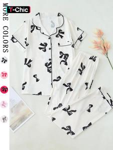 women's bowknot print contrast binding lapel shirt & elastic waist pants pyjama, casual comfy short sleeve pocket top & trousers pj set, ladies sleepwear for all seasons, matching pajamas, graphic womenswear, everyday, homewear, loungewear
