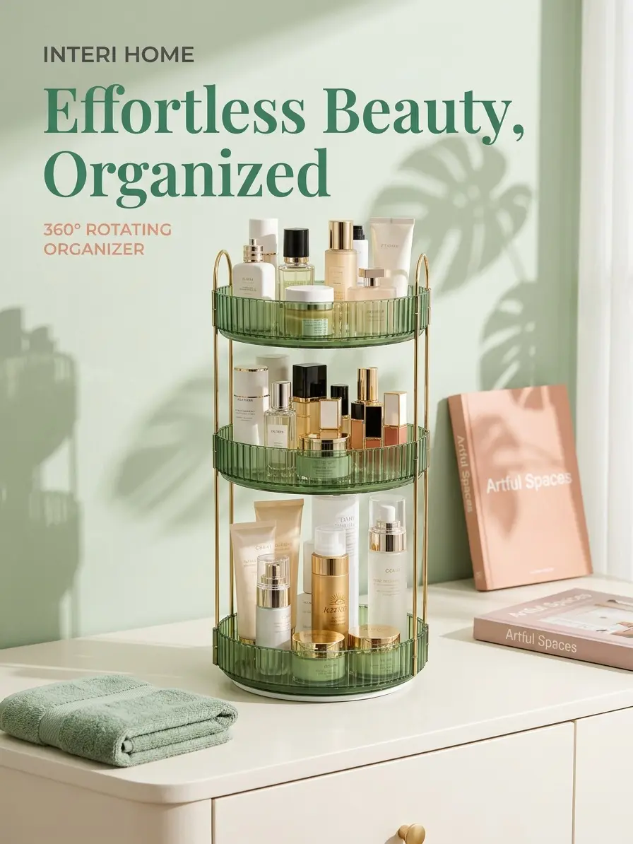 3-Layer 360-Degree Rotating Metal Cosmetic Storage Box - Extended Capacity Cosmetic Organiser, Tabletop Home Organizer for Bedroom Bathroom Vanity Beauty Organization, Cosmetic Organizers, Extended Capacity Cosmetic Organisers