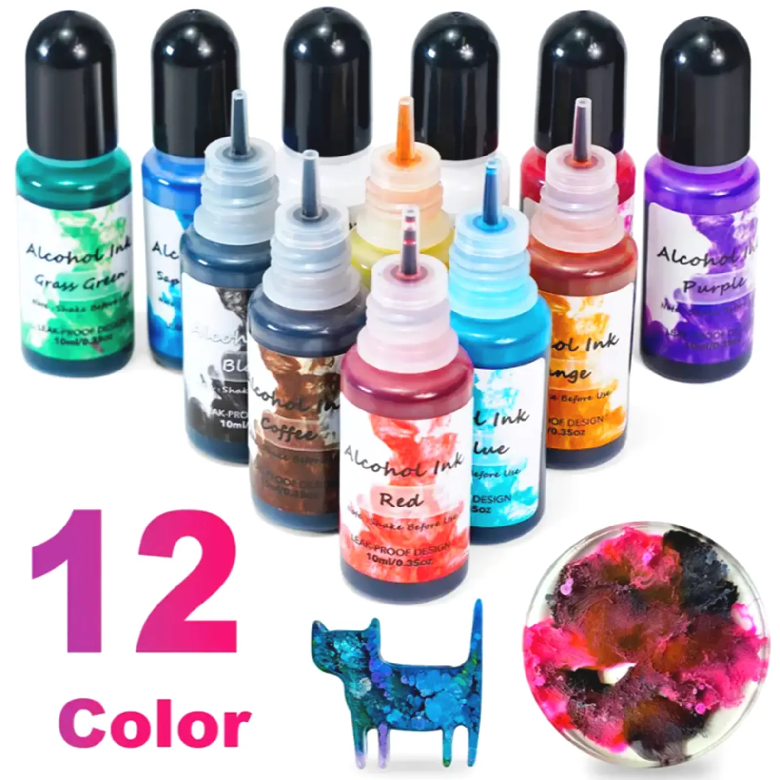 JANCHUN 12-Colors Alcohol Ink Set High Concentrated Fast-Drying Resin Dye for Epoxy Art Tumblers Coasters Fluid Painting 12x10ml 0.35oz Leak-Proof Design Vibrant Colors