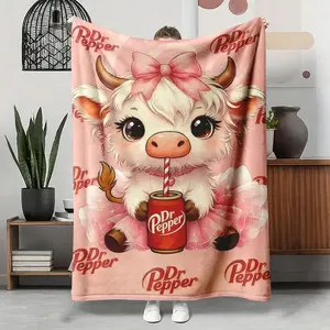 Soft Funny Throw Blanket Dr Pepper Cartoon Cute Pink Bow Highland Cow Pattern Blanket Soft Warm Throw for Home Office Travel Camping Gifts Cozy Lightweight High-Density Flannel