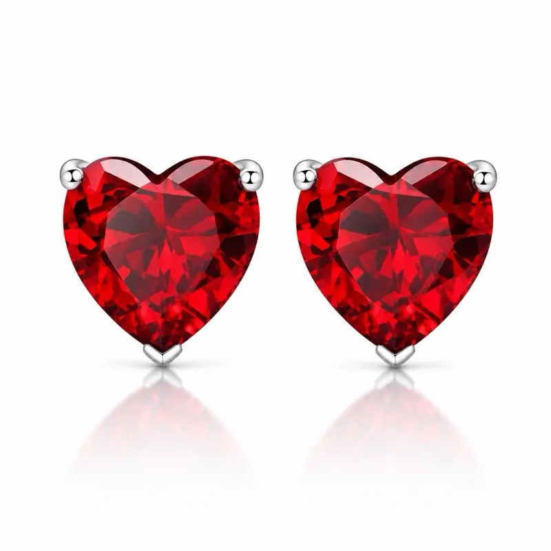 Solid Sterling Silver Red Heart CZ Shaped Stud Earrings 5MM Cubic Zirconia