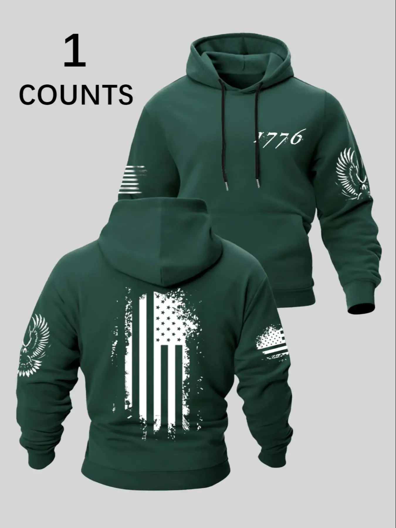 Men's Distressed Flag Design Number 1776 Eagle Print Long Sleeve Hoodie, Graphic Print Hoodie, Casual Fashion Sweatshirt, Casual Loose Fit, Perfect Gift for Friends, Casual Hooded Sweatshirt, Fall & Winter Wear