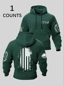 Men's Distressed Flag Design Number 1776 Eagle Print Long Sleeve Hoodie, Casual Fashion Sweatshirt, Casual Loose Fit, Perfect Gift for Friends, Casual Hooded Sweatshirt, Fall & Winter Wear