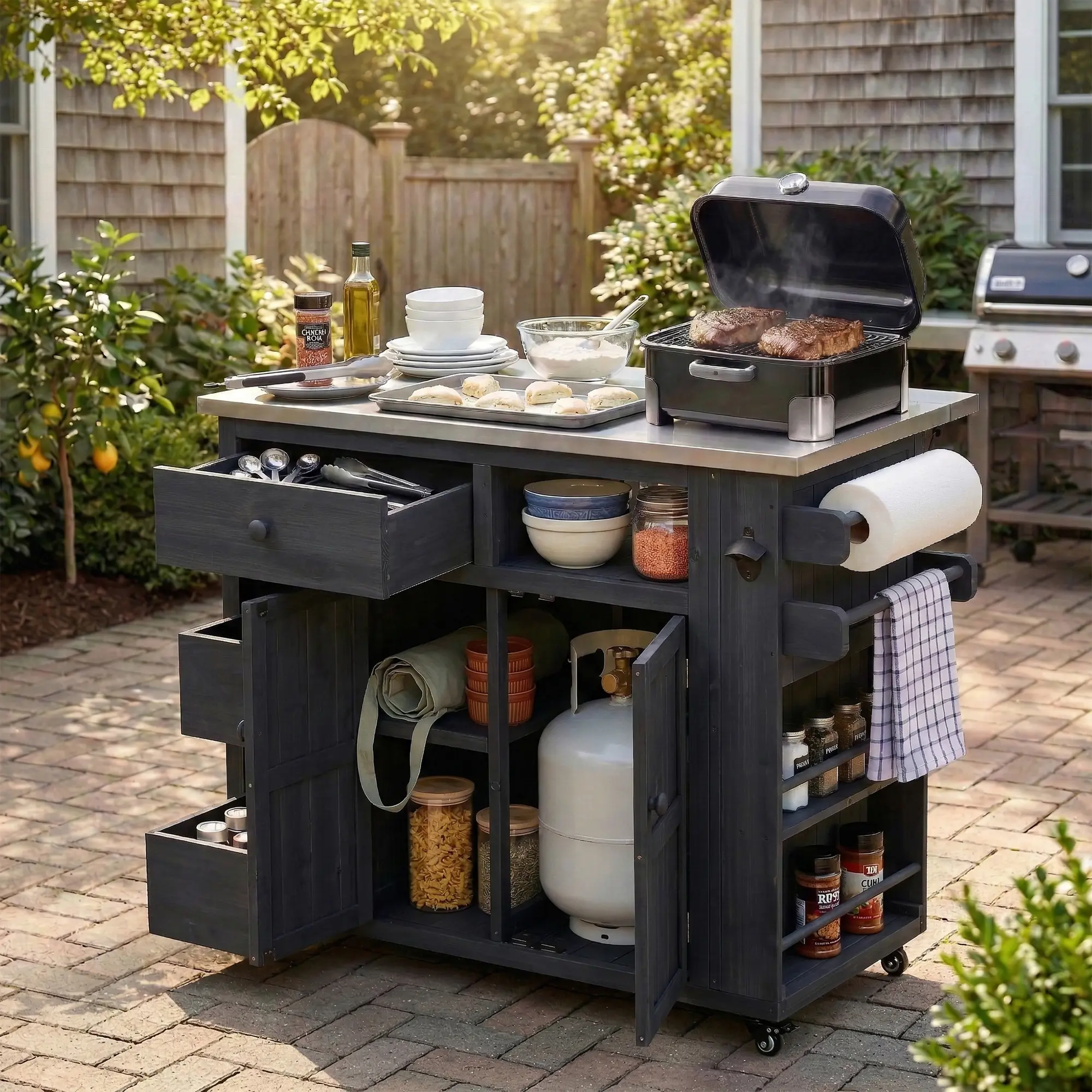 Black Sturdy Wood Patio Kitchen Island with Stainless Steel Top Grill Table, Locking Wheels, 41.90x19.3-28x36.2inch Size, 80.47 lbs, Side Spice Rack, Drawers, Storage Cabinet, Bottom Open Shelves, Gas Passage, Single Box, Assembly Required