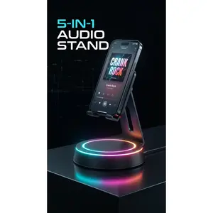 Wireless Induction Audio Bluetooth Speaker 5-in-1 Cellphone & Tablet Stand 5000mAh Emergency Rechargeable Portable Power Bank with Colorful Ambient Light, Compatible with iPhone Android, Ideal Gifts for Men Women Friends Family