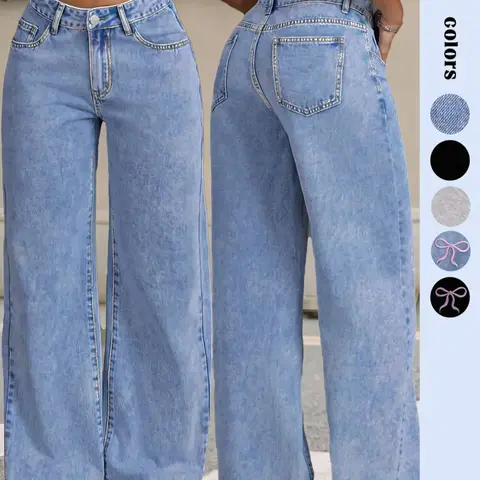 GILIPUR Y2K Women Front Button Pocket Straight-Leg Casual, Basic Loose Oversize Denim Jeans Light Wash Cotton Woven For Daily Wear Pockets For All Seasons Wideleg Jeans Pants Baggy Pants Streetwear Low-Rise Non-Stretch Stacked Jeans
