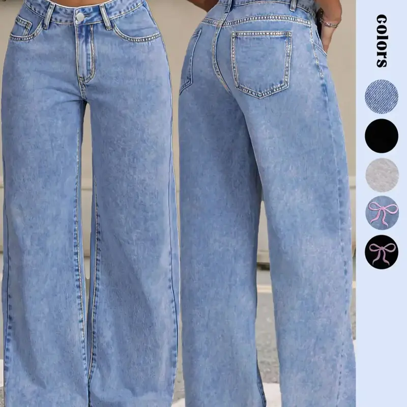 GILIPUR Y2K Women Front Button Pocket Straight-Leg Casual, Basic Loose Oversize Denim Jeans Light Wash Cotton Woven For Daily Wear Pockets For All Seasons Wideleg Jeans Pants Baggy Pants Streetwear Low-Rise Non-Stretch Stacked Jeans