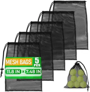 Small Mesh Bags Drawstring Black 5Pcs 11,8X7,48'' – Strong, Lightweight, Breathable Mesh Bag with Lock, Quick-Dry and Tear-Resistant – Easy to Tighten and Adjust for Travel, Swimming & Ball Storage MUBUDDY