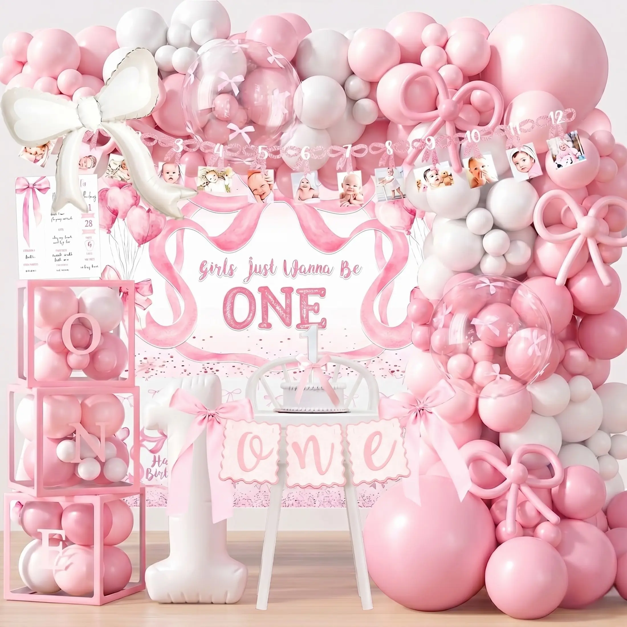 Pink Bow 1st Birthday Decorations, First Birthday Party Supplies for Girl, Balloon Arch Box One High Chair Banner Poster Backdrop