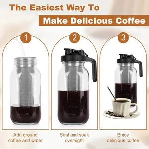 Cold Brew Coffee Maker Jug, 64 oz (approx. 1.8 kg) Heavyweight Glass Mason Jar Jug with Spout Handle Lid, Stainless Steel Filter, Ideal for Iced Coffee, Iced Tea, Fruit Drinks, Lemonade - Black