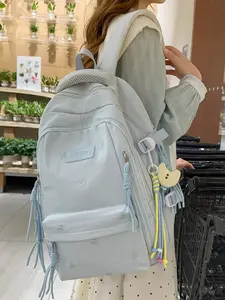 Women's Casual Nylon Backpack, Large Capacity Butterfly Embroidery Design, Lightweight Multi-Layer Commuter Bag with Small Charm